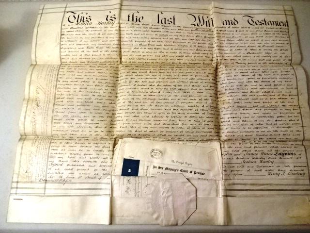 1874 English Vellum Will of a Bootmaker: Large English vellum will of Joshua Harley of 11 King Street in Middlesex, a Bootmaker. Nicely penned with attached vellum Probate certificate and large embossed seal. Measures 28 x 23". Reserve: $30.