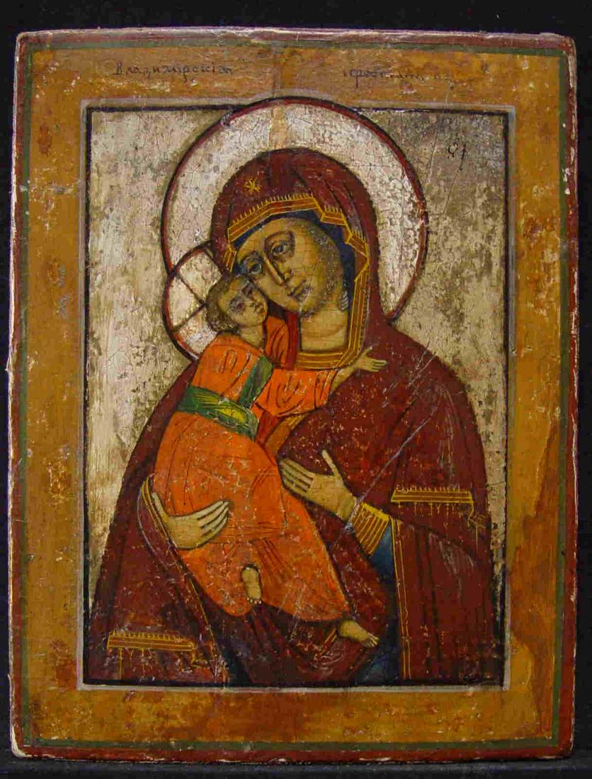 Virgin of Vladimir: Title: Virgin of Vladimir Origin: Russia Antique Religious Old Icon Date/Period: 19th century Material: tempera on wooden board Dimensions: 22 x 17 cm Provenance: According to the ancient traditions,