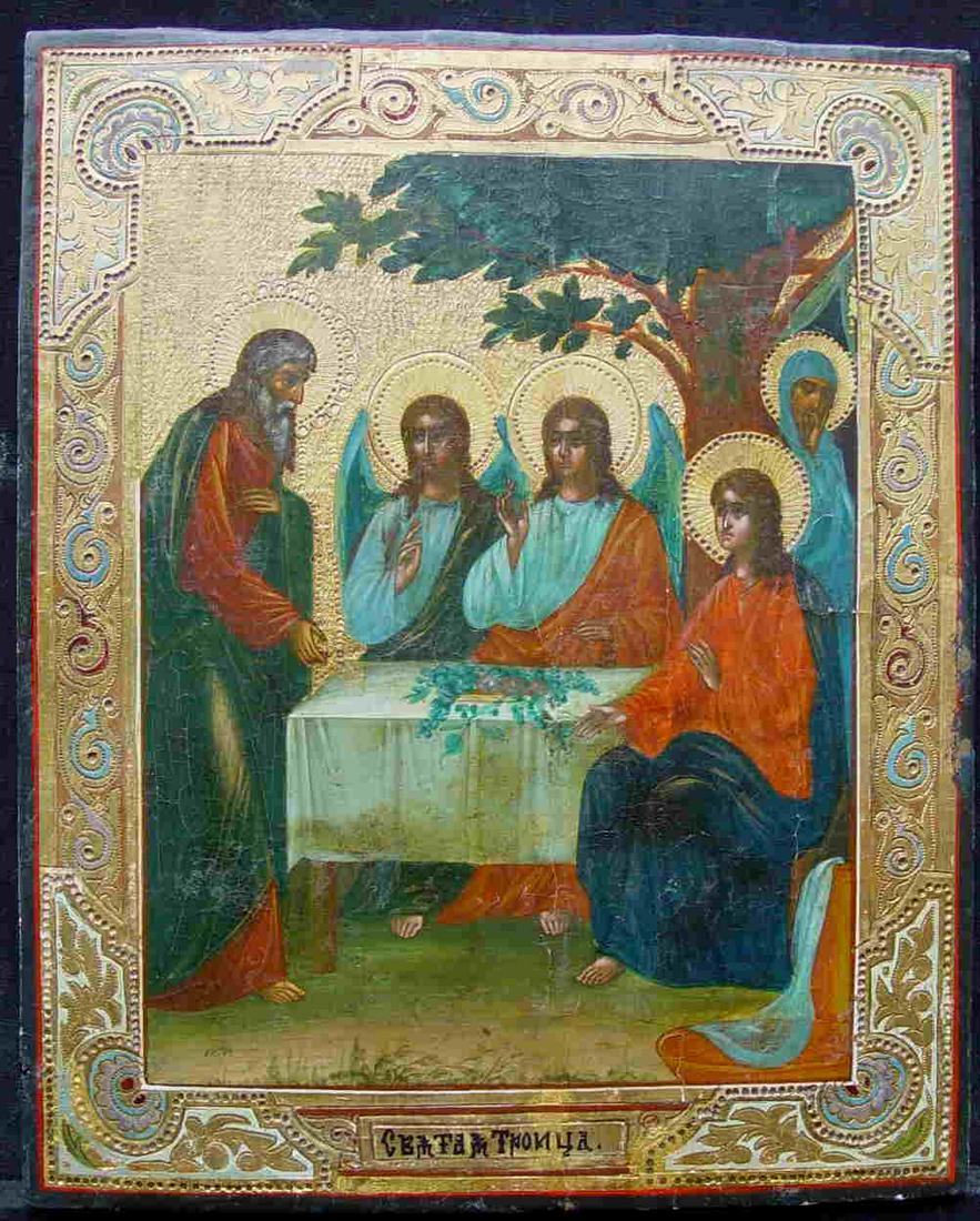 The old Trinity: Title: The old Trinity Origin: Russia Antique Old Religious Icon Date/Period: 19th century Material: tempera on wooden board Dimensions: 26 x 22 cm Provenance: â€œSujet” based on the composi