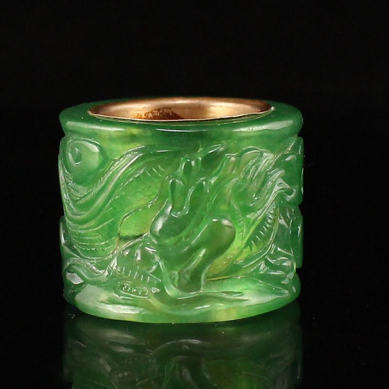 Chinese Inlaying Gold Edge Green Jade Thumb Ring (1 of 6)