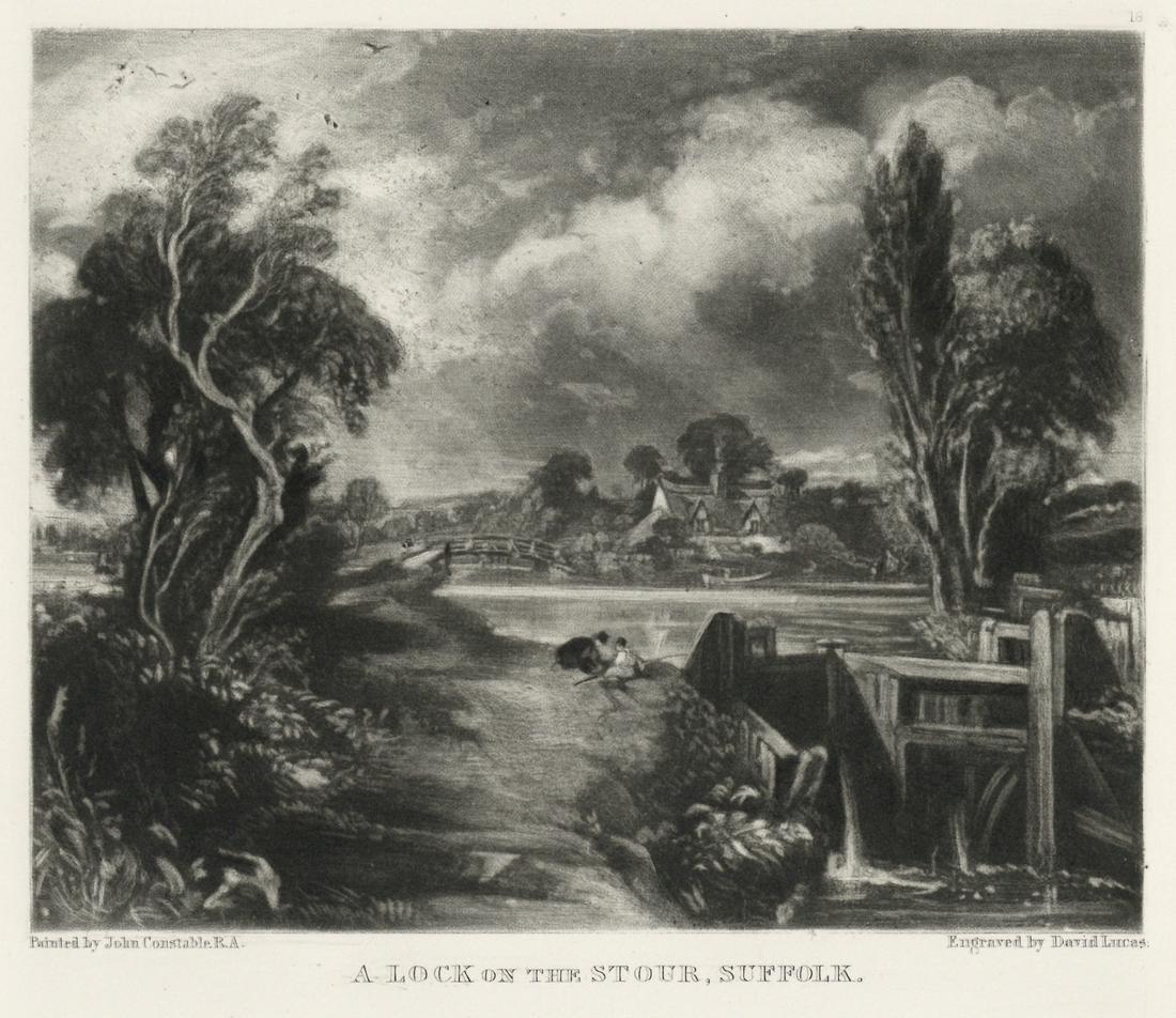 Sir John Constable / David Lucas mezzotint "A Lock on: This beautiful mezzotint engraving was composed by John Constable and engraved by David Lucas. It is from the much sought-after "English Landscape" series; this impression on cream wove paper is from