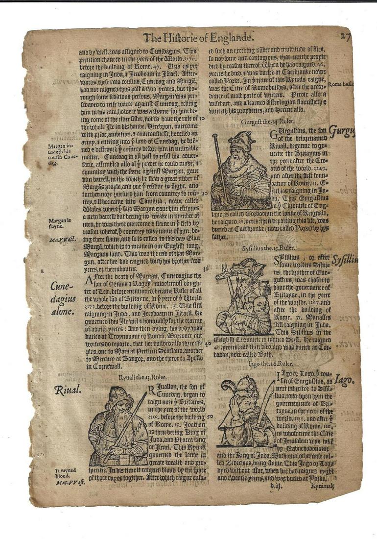 1577 Holinshed Leaf Woodcuts of English Kings (1 of 2)