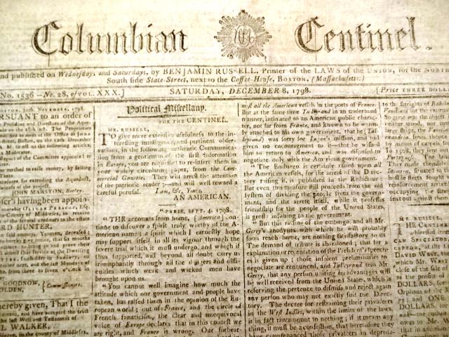 1798 Boston Newspaper Americana Prophecy Ads (1 of 5)