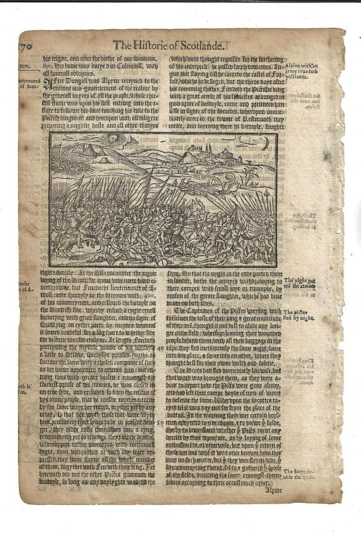 1577 Holinshed Leaf Woodcut of Fierce Battle: A leaf from Holinshed Historie of Scotland, printed at London in 1577 with large woodcut of a fierce battle on one side and of a boating tragedy on the verso. Very Good, crop to right margin. Measures