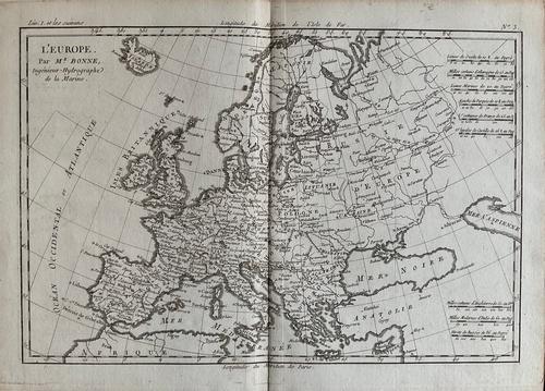 Europe. By Bonne/ Raynal 1780: Title: Europe. By Bonne/ Raynal 1780 Date/Period: 1780 Materials: Copperplate engraved Size: 13 1/2 x 9'' 1780, cartographer Rigobert Bonne one of the most important and highly regarded map makers of 