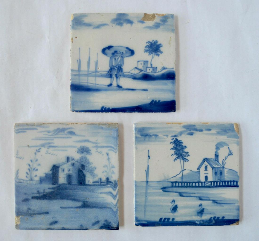 Set of 3 English Delft Tiles - 18th Century (1 of 14)