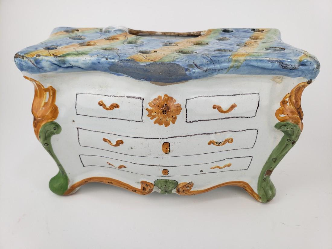 Antique Bough Pot, Faience Bombe or Commode Floral: Title: Antique Bough Pot, Faience Bombe or Commode Floral Display Date/Period: 19th C. Dimension: 8" x 5" x 5" Material: Pottery Additional Information: Antique baugh pot in the shape of a French Bomb