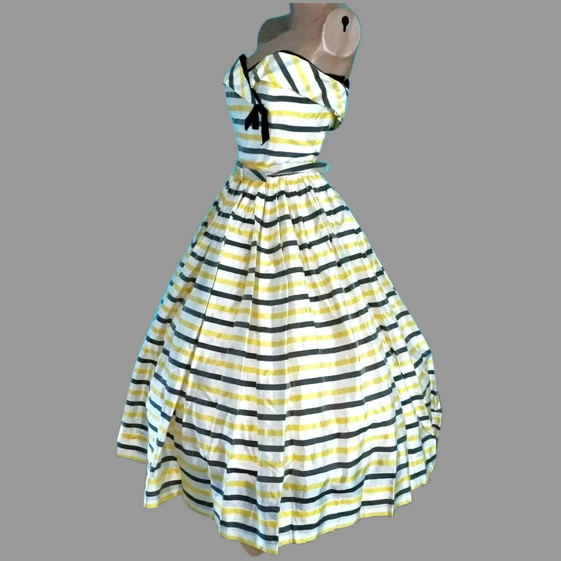 Vtg 1950's silk Gown Yellow Gray & white striped velour (1 of 7)
