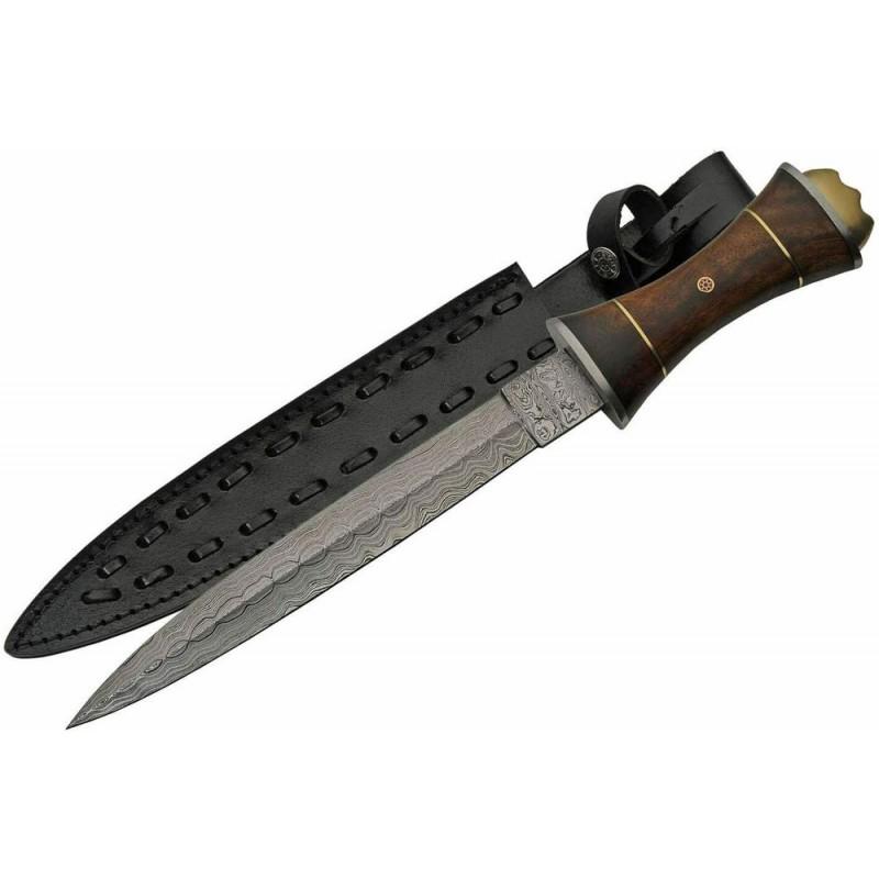 Handmade damascus steel knife hunting camping wood: Knife "Felipe" • Blade - damask steel • Handle – rose wood, brass, stainless trim • Scabbard – leather (included) • Blade hardness – 56-58 HRC • Total length – 355 mm. • Blade leng