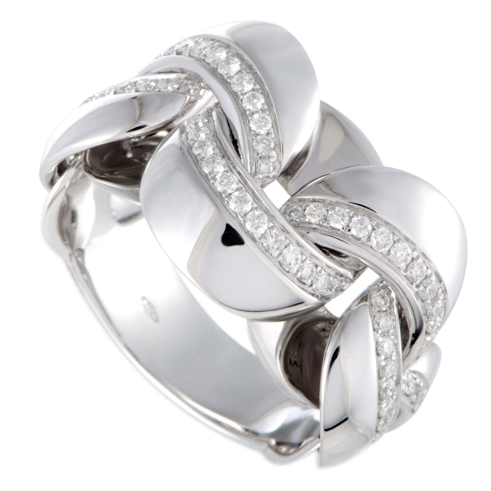 Chimento Link 18K White Gold Diamond Pave Band Ring: Title: Chimento Link 18K White Gold Diamond Pave Band Ring Brand: Chimento Metal Purity: 750 Gemstone: Diamond Carat Weight: 0.54 Size/Dimensions: 6.5 Additional Information: Reserve: $1,030.00 S