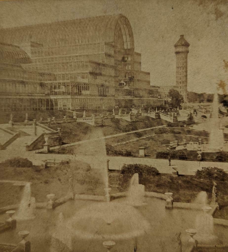 ca. 1860 s CRYSTAL PALACE EXTERIOR w FOUNTAIN s etc: ca. 1860 s CRYSTAL PALACE EXTERIOR w FOUNTAIN s etc LONDON ENGLAND ca. 1860 s CRYSTAL PALACE EXTERIOR w FOUNTAIN s etc LONDON ENGLAND Description Circa 1860s Antique CRYSTAL PALACE, LONDON Stereoview.