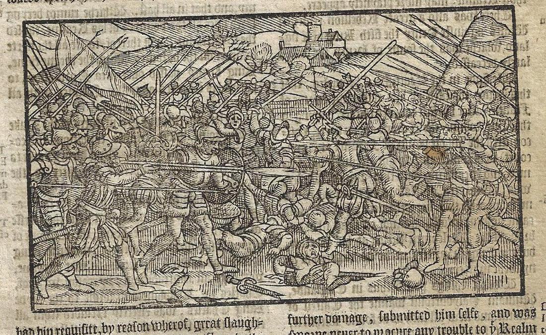 1577 Holinshed Leaf Woodcut of Fierce Battle (1 of 2)