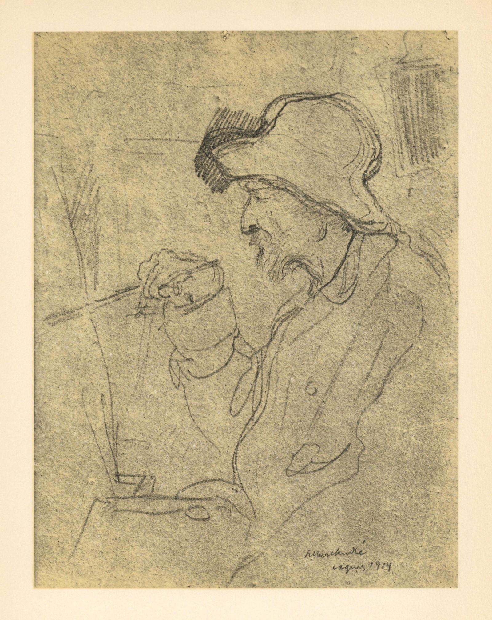 Portrait of Renoir by Albert Andre: Medium: lithograph (after the pencil drawing). This composition was executed by the artist Albert Andre, and is a fascinating portrait of Impressionist master Renoir at work. Printed by Mourlot in 195