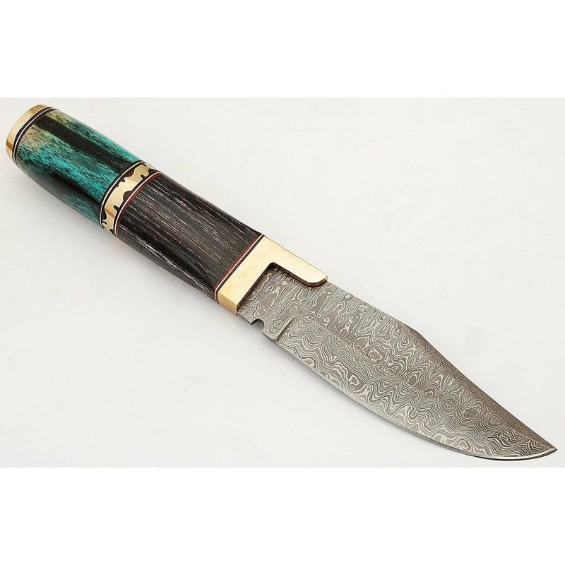 Work camping hiking damascus steel knife wood bone: Knife "Green" made of damask steel. Handle Â– bone, wood, brass bolster and scabbard - genuine leather. Damascus knives are very durable, look great and keep sharpness perfectly. Damascus steel has