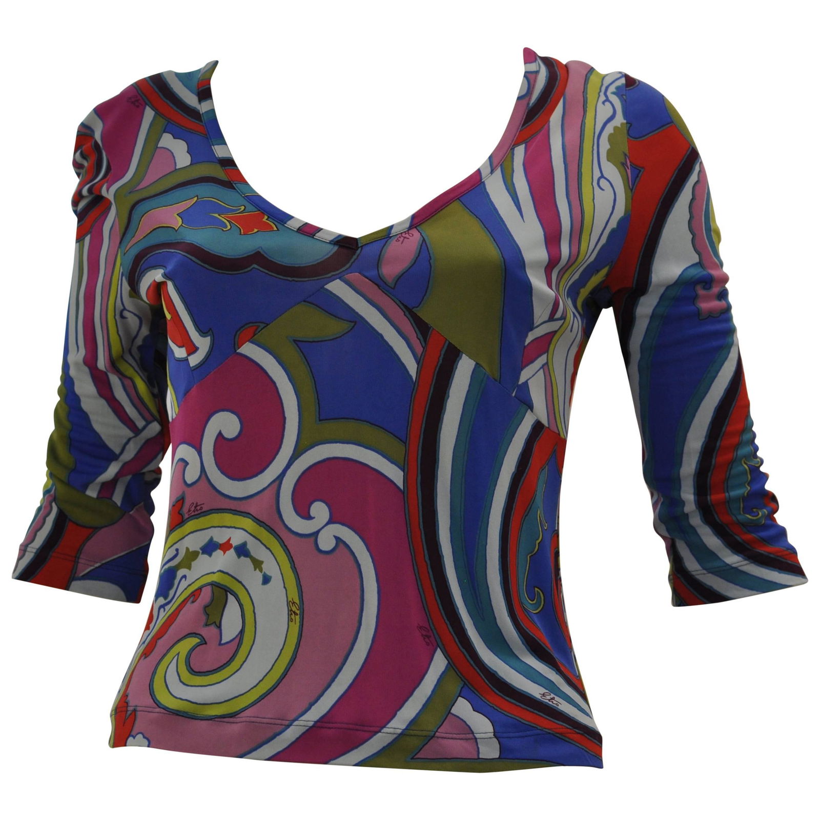 Etro Abstract Printed Top: Title: Etro Abstract Printed Top Description: Very nice jersey viscose top with elbow length sleeves. The Etro signature is shown throughout. The material is stretchy. Details: Brand Etro Dimensions M