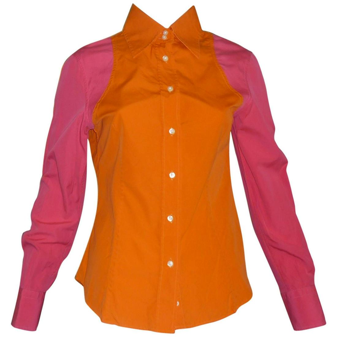 ETRO Color Block Cotton Shirt (44 ITL): Title: ETRO Color Block Cotton Shirt (44 ITL) Description: Orange and fuschi do go together! Will add a pop of color to any outfit. Details: Brand Etro Dimensions Marked Size: 44 (ITL) (EU)Bust: 34 in