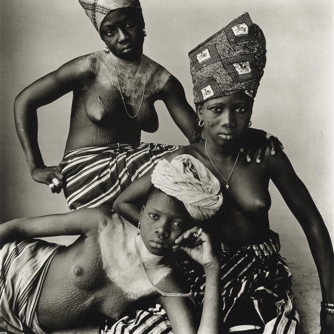 IRVING PENN - Three Dahomey Girls, One Reclining: Artist: Irving Penn Title: Three Dahomey Girls, One Reclining, 1967 Medium: Photo Litho, 2015, Germany Dimensions: 7.45x7.45" Description: Heat Wax Mounted on 8.5x11" Conservation Board Artist Bio: Ir