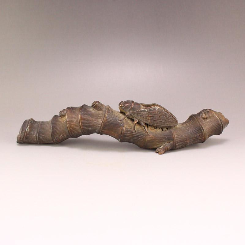 Vivid Chinese Red Copper Bamboo & Cicada Statue (1 of 8)