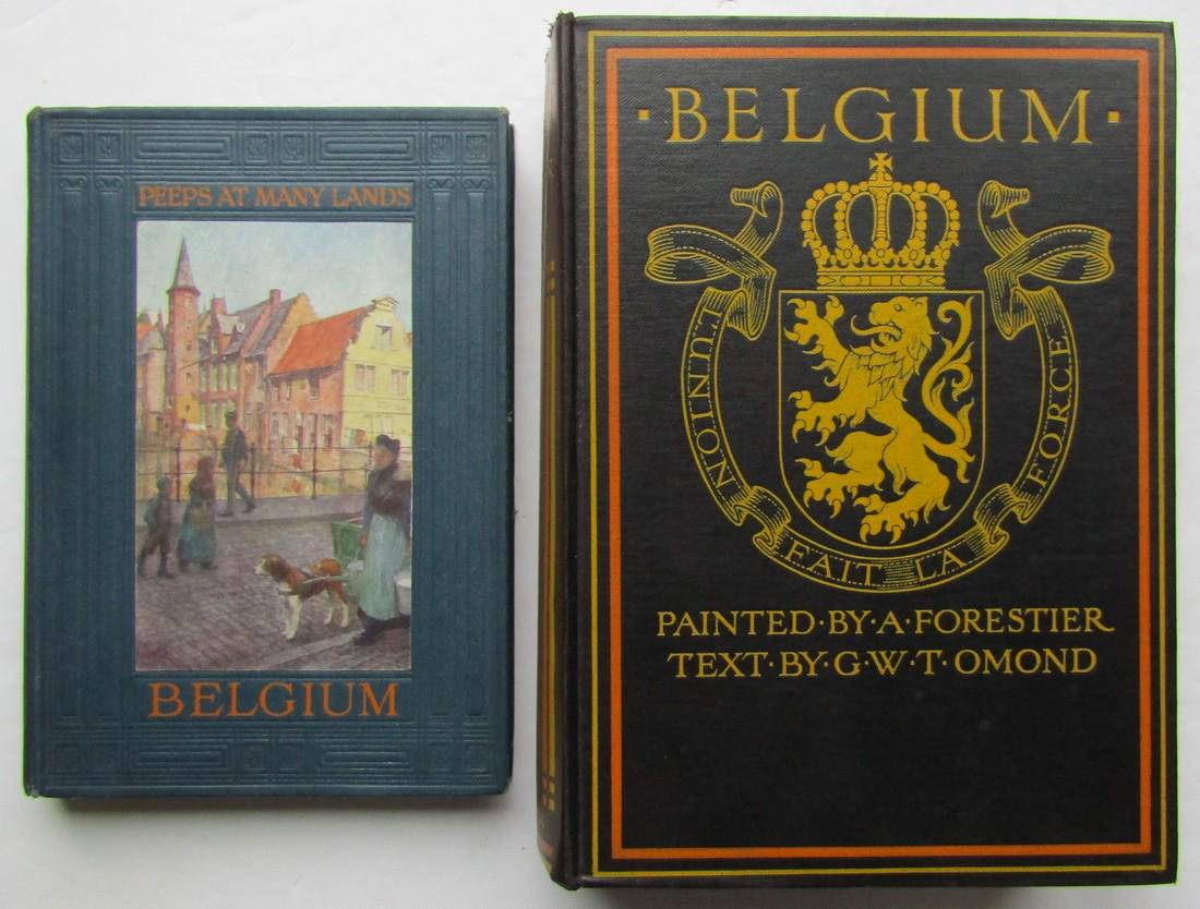Two Books on Belgium: Book 1. 1908 "Belgium". Publishers brown pictorial cloth with title. Gilt title and colour vignette to spine. Full-page colour illustrations with captioned tissue-guards. 1 full-page b & w illustratio