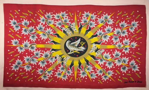 FRENCH TAPESTRY JEAN PICART LEDOUX MODERNIST Soleil: Created in France in the 1950 this cotton tapestry reflect the democratic desire of that time to produce affordable art . Neo fantastic and influenced by the cubist movement Picart Ledoux tapestry use