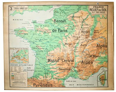 LARGE FRENCH SCHOOL Aid Geographic MAP OF FRANCE MID: Published by the Librairie Armand Colin in Paris Circa 1950 edited by Vidal Lablache this map shows the geography with a color coding of the different relief and elevation. On the left there is the