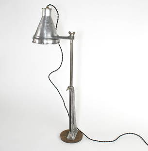 FRENCH INDUSTRIAL BESPOKE LAB FACTORY LAMP HELUX: French modernist industrial lab lamp made in the 1950's or earlier .It looks like a bespoke refurbishing of a photo lab projector in a desk lamp . Size H.29 globe D.6 , rewired , good antique