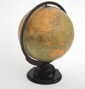 12"TERRESTRIAL ANTIQUE TABLE GLOBE 1935 Replogle ART: his 12 inches globe is made by the Replogle m ( a school supplies company and map company) . The art deco base is unusual being a short production reflecting the " space age " influence of the 1930's