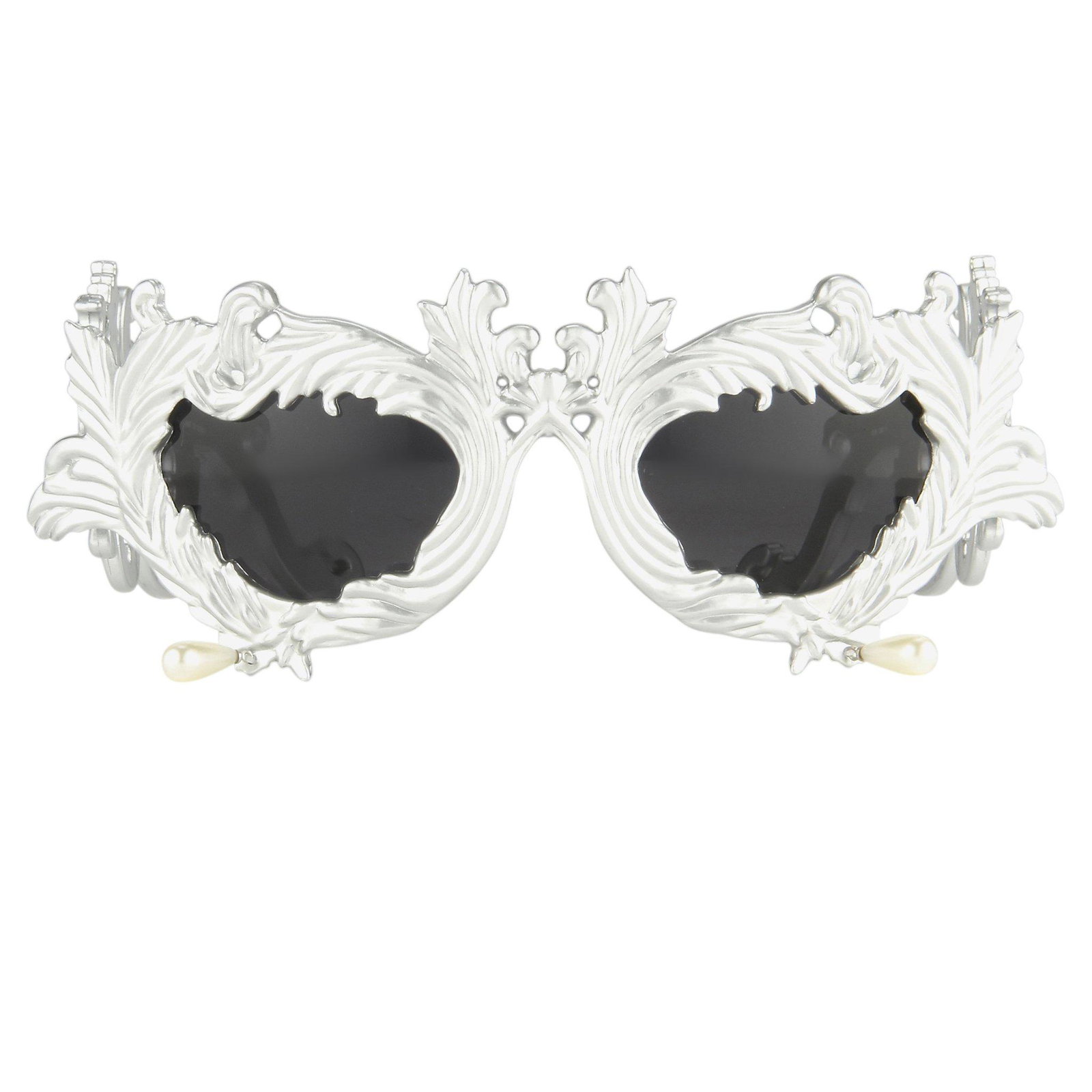 Jeremy Scott Sunglasses Oversized Silver and Grey: Special Flourish with Pearl Earring Decorative Frame/Temple Colour: Antique Silver Frame/Temple Material: Acetate Size 57-14-135 Model No: JSFLOURISHC2SUN Nylon Category 3 Dark Tint Lenses - So