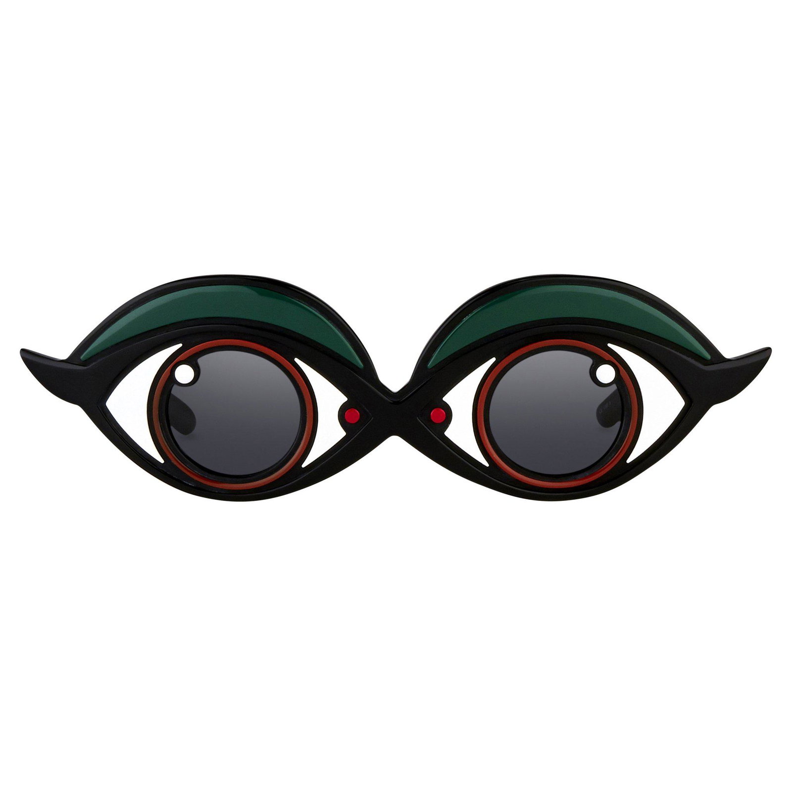Yaz Bukey Sunglasses Black Red Green and Grey: Brown Eyes Green Eyeliner Yazette Special Edition Frame Colour: Brown, Black Red, White and Green Temple Colour: Black Frame/Temple Material: Acetate Size: 31-43-145 Model No: YAZ5C2SUN Made in Japan