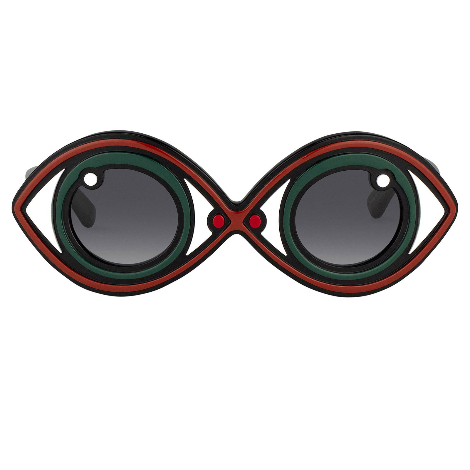 Yaz Bukey Sunglasses Eye Spy Green and Grey: Frame Colour: Red, Green, Brown and Black Temple Colour: Black Frame/Temple Material: Acetate Size 39-39-145 Model No: YAZ2C2SUN Made in Japan Nylon Category 3 Dark Tint Lenses - Grey Nylon is a