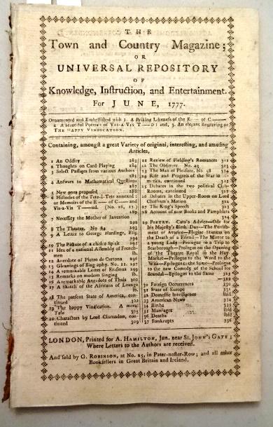 1777 Magazine Revolutionary War Long island: The June 1777 issue of "The Town and Country MagazineÂ…", printed at London for A. Hamilton, 56 pages and two engraved plates. Some Revolutionary War content including at end with dispatch from Lon