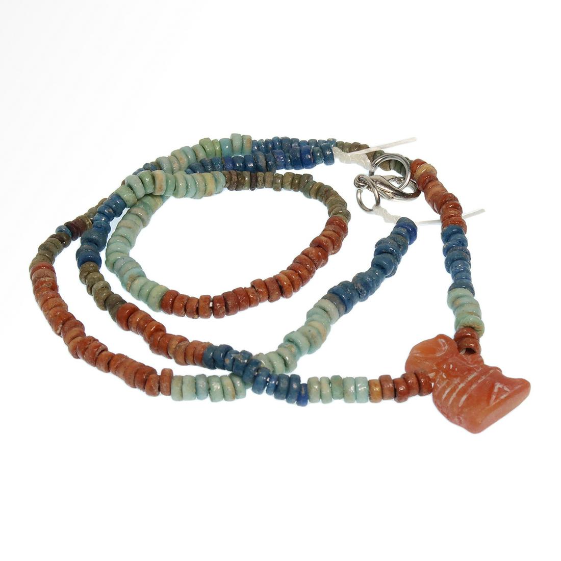 Egyptian Faience Necklace with Cornelian Baboon Amulet, (1 of 7)
