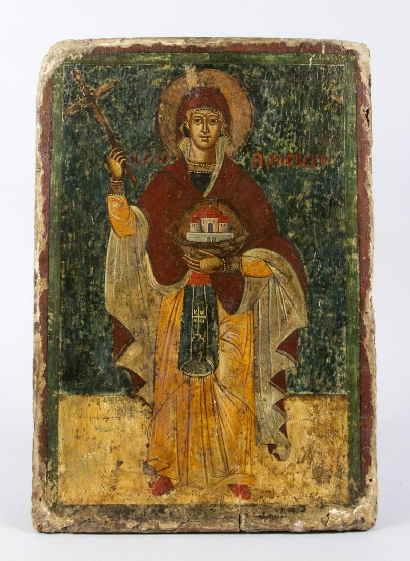 Saint Martyr Paraskeva Pyatnitsa: Title: Saint Martyr Paraskeva Pyatnitsa Origin: Russia Antique Religious Old Icon Date/Period: 18th Century Material: tempera on wooden board Size: 36 x 25 cm Provenance: Saint Martyr Paraskeva lived