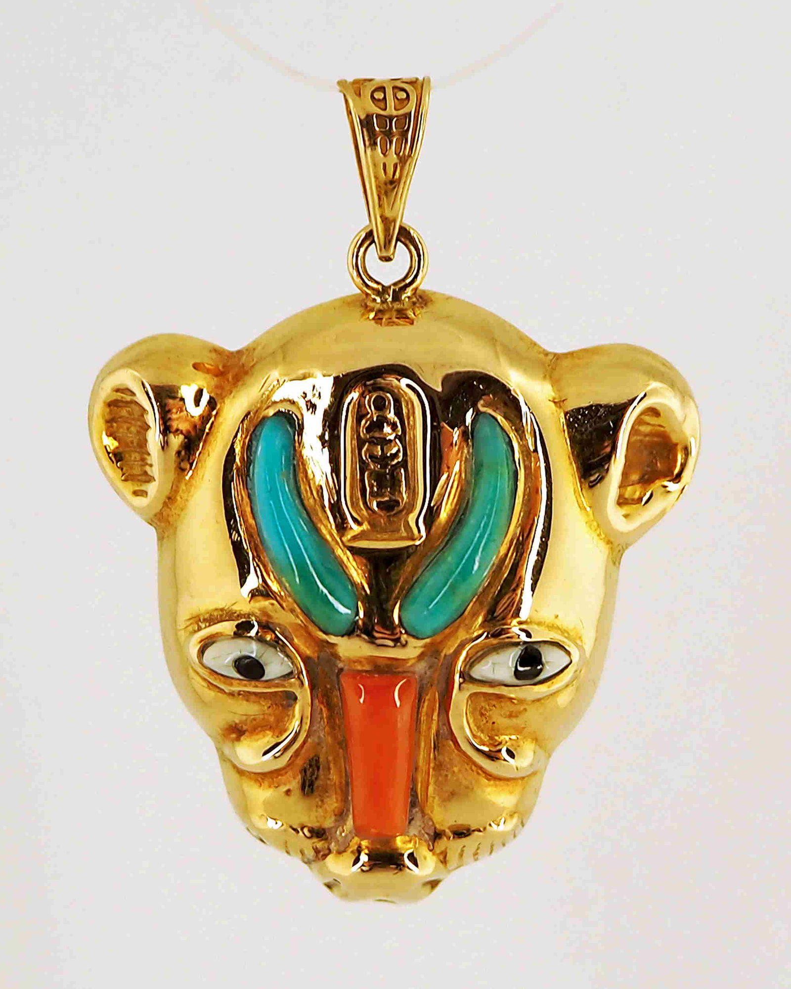 Egyptian jewelry - 18K gold cat pendant: Title: Egyptian jewelry - 18K gold cat pendant Additional Information: Stamped 18K gold Egyptian cat pendant inlaid with turquoise, jasper and pearl - 4.62 grams - H 4 x W 2.9 cm Materials: 18K gold,