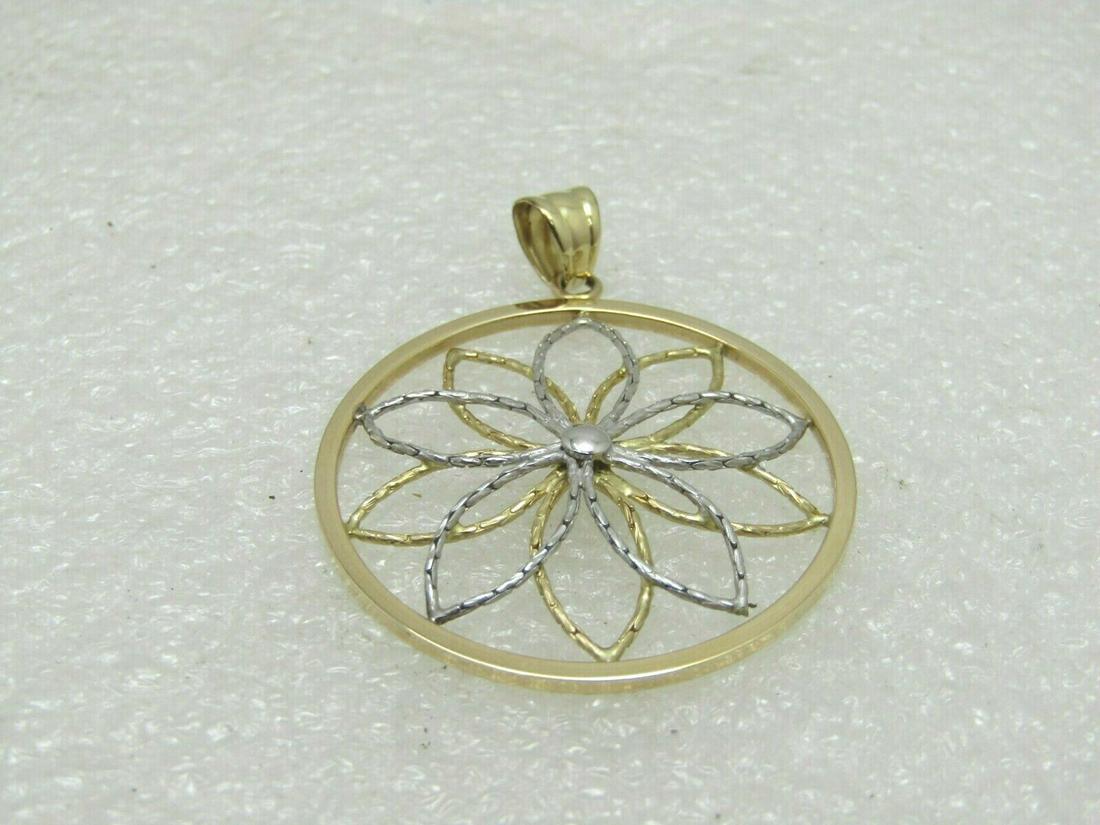 Vintage 14kt Blossom Pendant, Two-Tone, 1.75", 3.24: Vintage 14kt Two-Tone Blossom Pendant, or a PA dutch hex symbol which is very similar to this design. The pendant with swing bail is appx. 1.75" long and 1.25" wide - it is a domed open petal design m