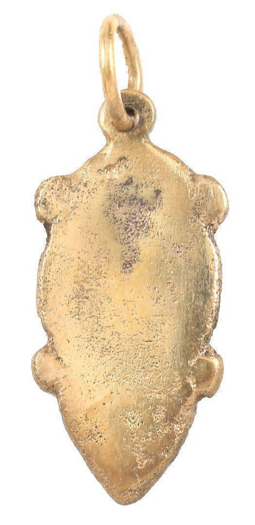VARIATION VIKING HEART PENDANT NECKLACE: 7/8” height, made by the open face mold technique. Gilt bronze of natural form, uncusped top and pointed bottom, nubs at the quarter points. Plain flat field suggesting provincial or colonial ma