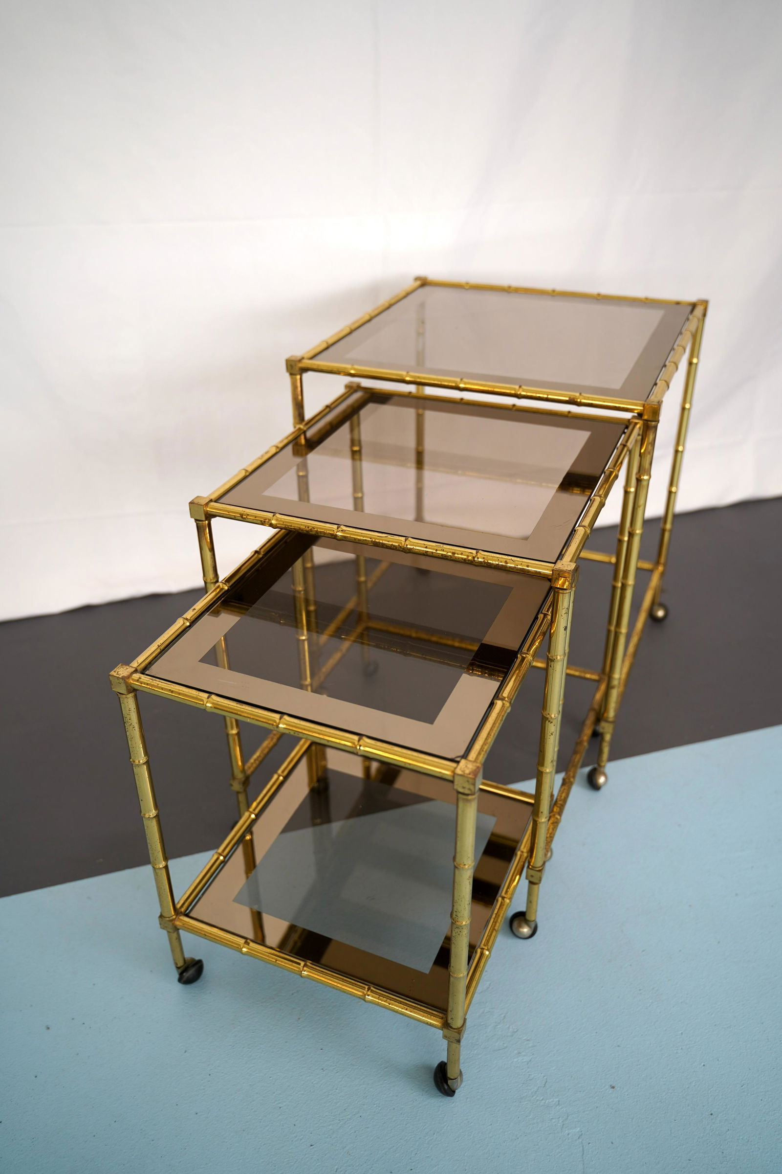 Tris of Faux Bamboo Gilded Brass Nesting Bar Cart, (1 of 10)