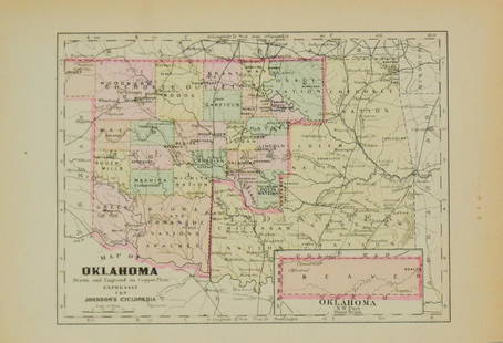 1892 Johnson Map of Oklahoma and Indian Territory --: Title: 1892 Johnson Map of Oklahoma and Indian Territory -- Map of OklahomaCartographer: A J JohnsonYear / Place: 1892, New YorkMap Dimension (in.): 5.9 X 8 in. This is fascinating map showing the