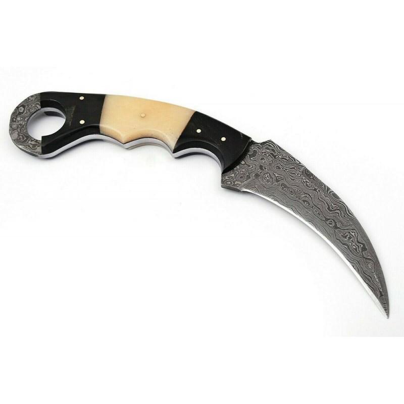 Karambit damascus steel knife combat bone bull horn: Knife "Westport" Handle – stacked leather and scabbard - genuine leather. Damascus knives are very durable, look great and keep sharpness perfectly. Damascus steel has high quality contents to give