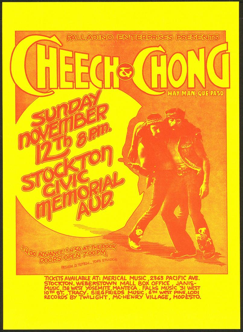 Cheech And Chong In Stockton Frist Print Poster: No Reserve! Artist: Randy Tuten Title: Cheech And Chong In Stockton Frist Print Poster Printing Date: 1972 Medium: Lithograph Size/Format: 11?" x 15?" Additional Info: Cheech & Chong preformed stand u