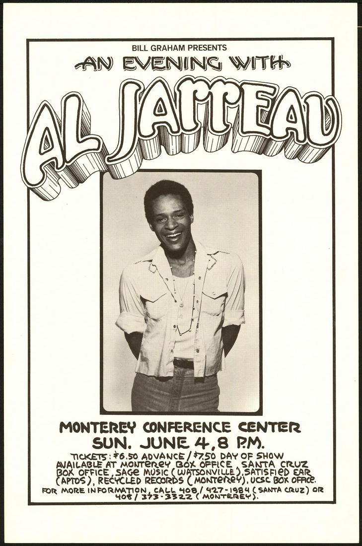 First Print Al Jarreau Poster: No Reserve! Artist: Randy Tuten Title: First Print Al Jarreau Poster Printing Date: 1978 Medium: Lithograph Size/Format: 11½" x 17½" Publisher: Bill Graham Additional Info: Al Jarreau entertained fo