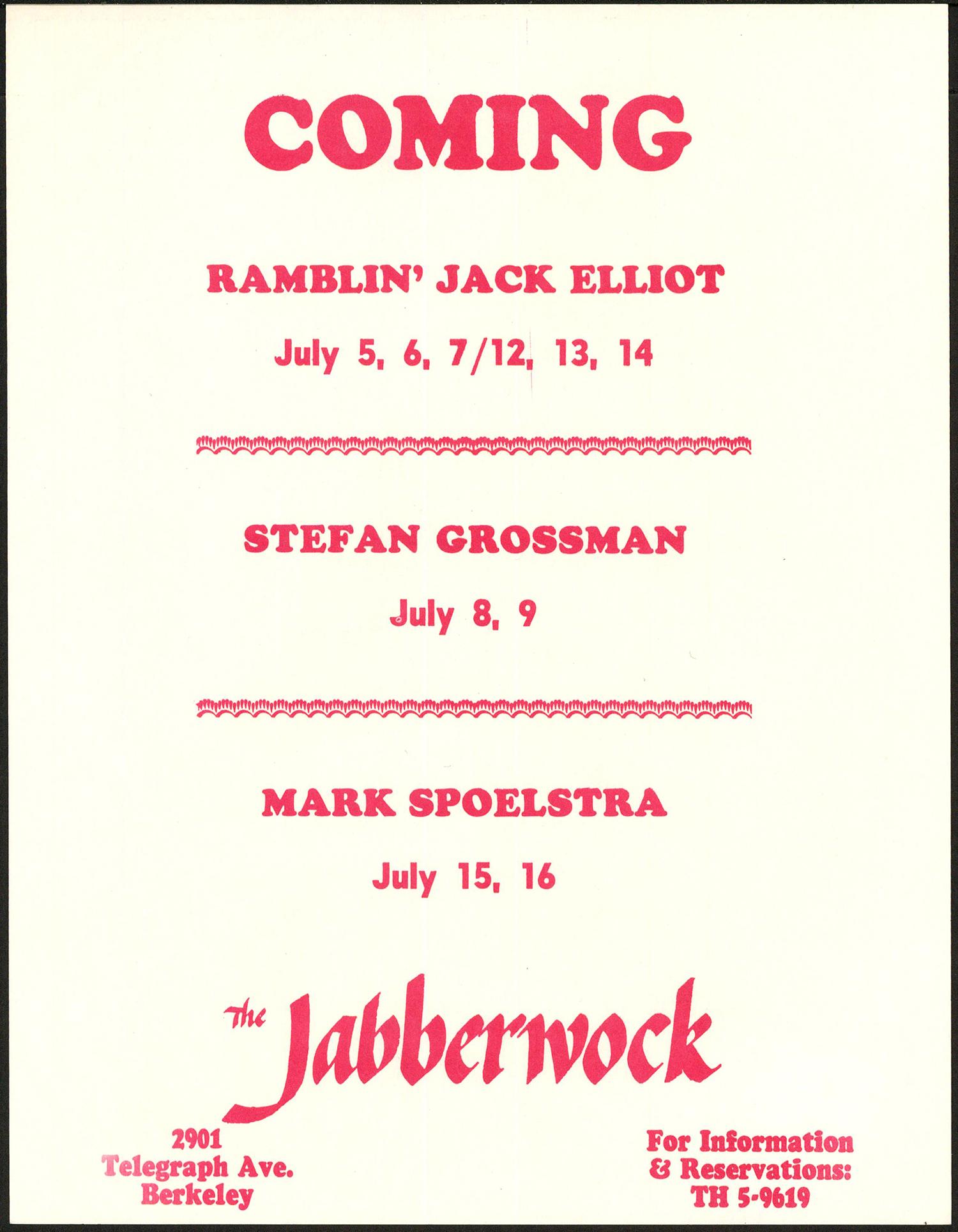 Original Ramblin' Jack Elliot Handbill: No Reserve! Title: Original Ramblin' Jack Elliot Handbill Printing Date: 1966 Medium: Lithograph Size/Format: 8½" x 11" Additional Info: In this lot is an original handbill from The Jabberwock in Ber