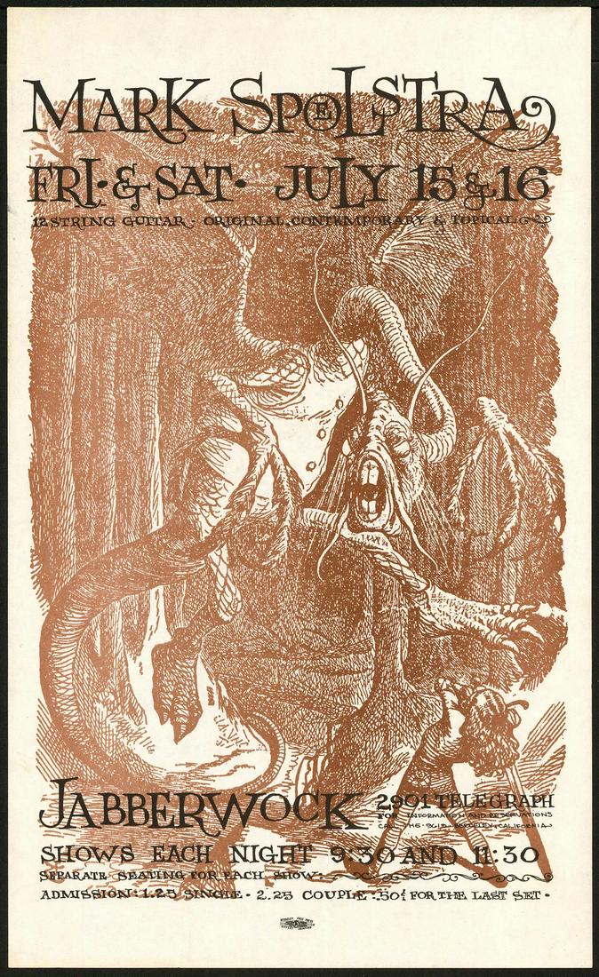 Original Handbill From The Jabberwock: No Reserve! Title: Original Handbill From The Jabberwock Printing Date: 1966 Medium: Lithograph Size/Format: 8½" x 14" Additional Info: This odd looking handbill from the Jabberwock in San Francisco,