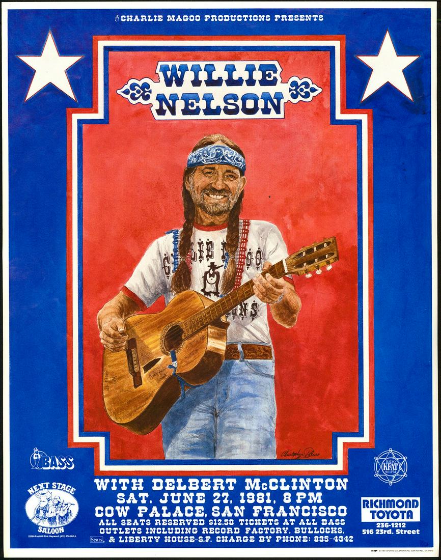Willie Nelson With Delbert McClinton Cow Palace Poster: No Reserve! Artist: Christopher Paluso Title: Willie Nelson With Delbert McClinton Cow Palace Poster Printing Date: 1981 Medium: Lithograph Size/Format: 17½" x 22¼" Publisher: Charlie Magoo Addition