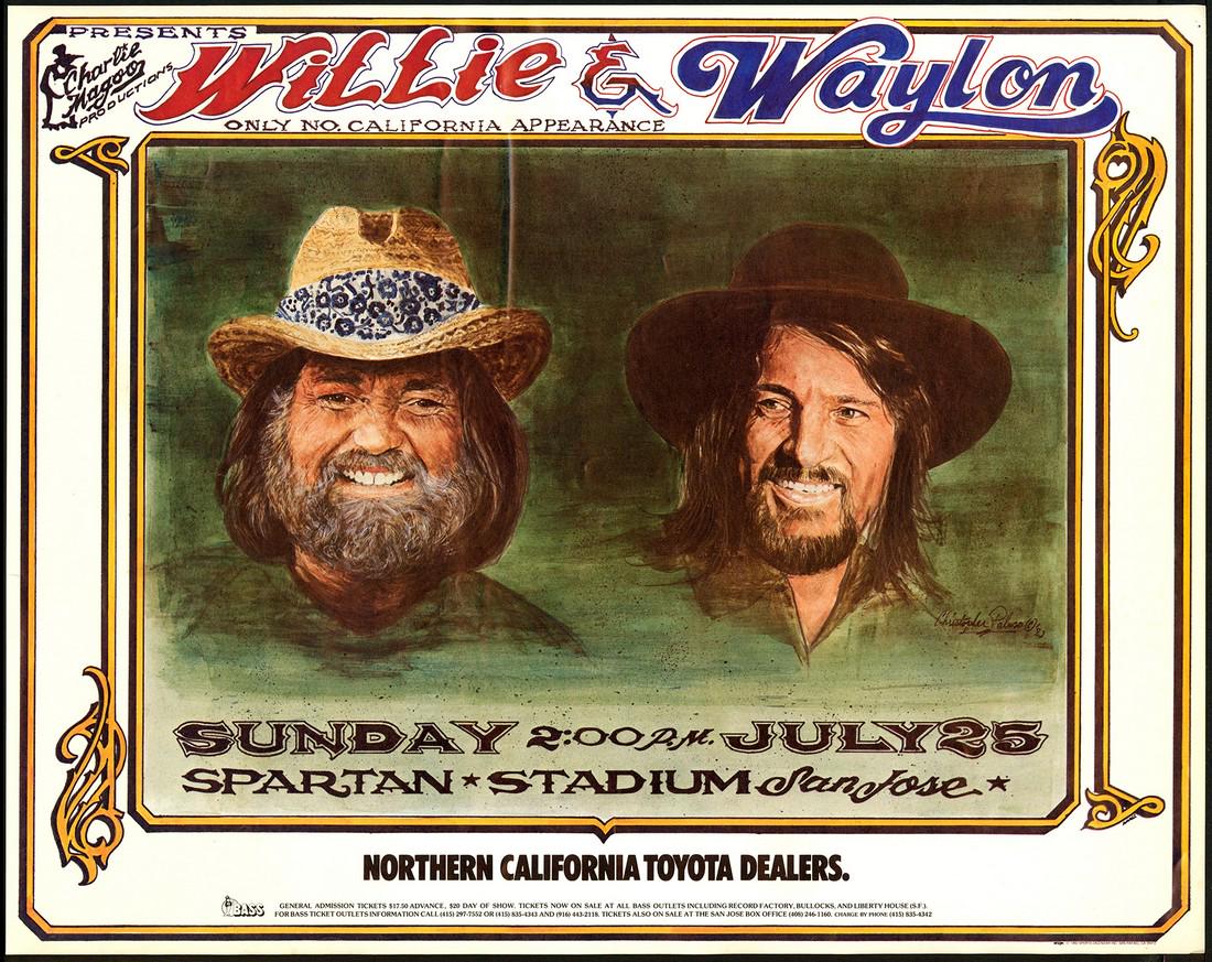 Willie Nelson and Waylon Jennings San Jose Poster: No Reserve! Artist: Christopher Paluso Title: Willie Nelson and Waylon Jennings San Jose Poster Printing Date: 1982 Medium: Lithograph Size/Format: 22" x 17½" Publisher: Charlie Magoo Additional Info