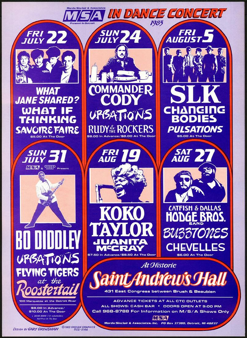 1983 Saint Andrew's Hall Poster: No Reserve! Artist: Gary Grimshaw Title: 1983 Saint Andrew's Hall Poster Printing Date: 1983 Medium: Lithograph Size/Format: 14½" x 19¾" Publisher: Grande Graphics Additional Info: The July and Augu
