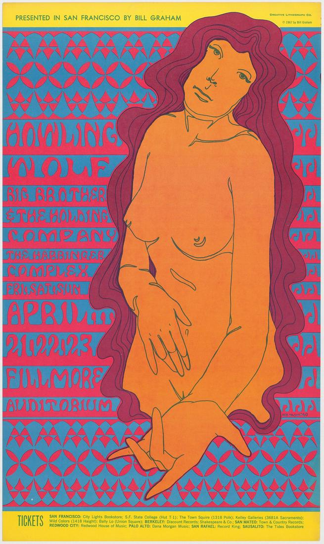 Frist Print BG-60 Howlin’ Wolf Poster: No Reserve! Artist: Wes Wilson Title: Frist Print BG-60 Howlin’ Wolf Poster Printing Date: 1967 Medium: Lithograph Size/Format: 14" x 23¾" Additional Info: This poster was created by Wes Wilson for