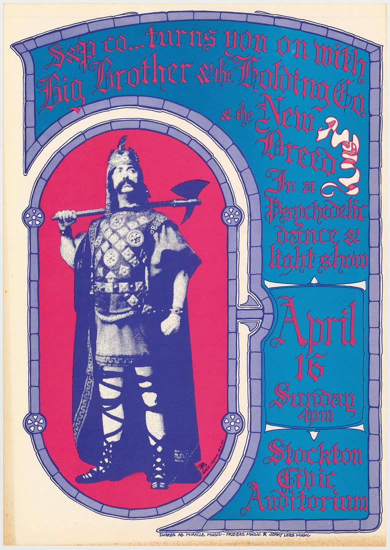 AOR 3.22 Big Brother Stockton Poster: No Reserve! Artist: Stanley Mouse Title: AOR 3.22 Big Brother Stockton Poster Printing Date: 1967 Medium: Lithograph Size/Format: 14?x 20? Publisher: Art Of Rock Series: Art Of Rock Additional Info: P
