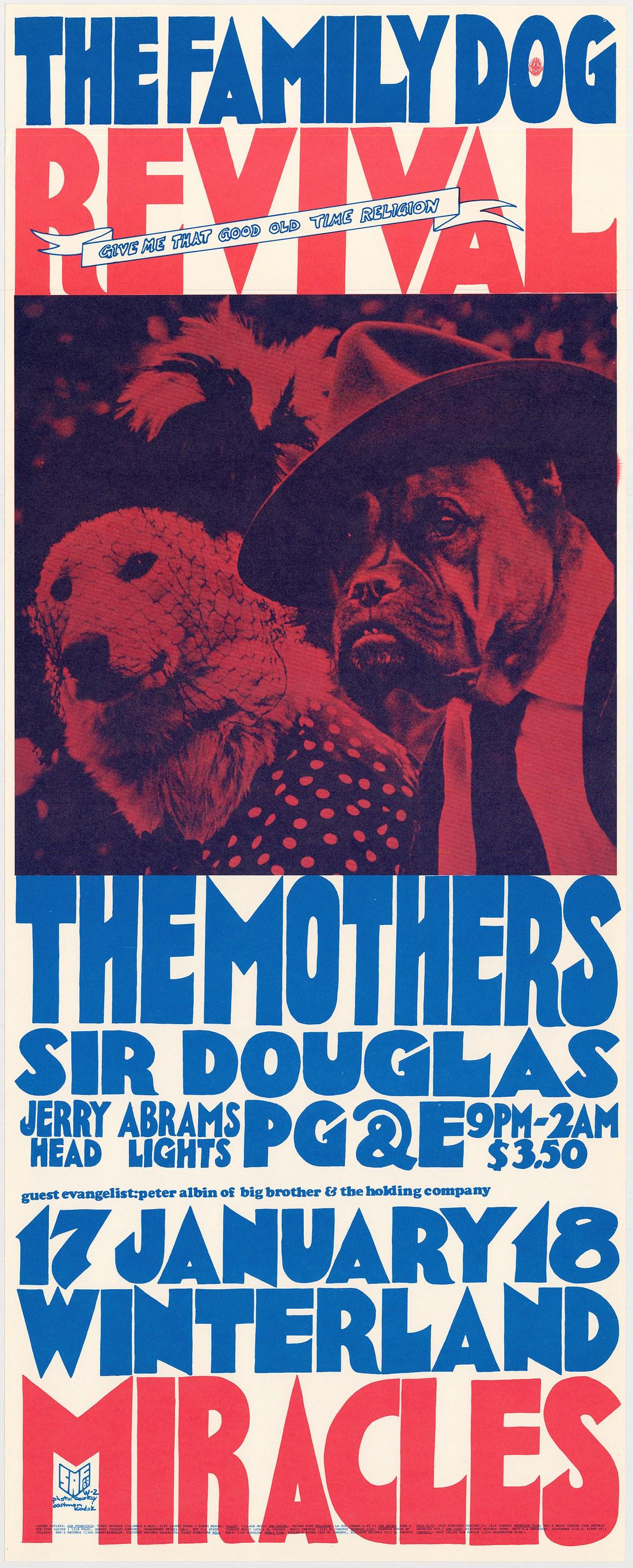 First Print Family Dog Revival Poster: No Reserve! Artist: San Andreas Fault Title: First Print Family Dog Revival Poster Printing Date: 1969 Medium: Lithograph Size/Format: 10¾" x 27?" Publisher: Family Dog Additional Info: This poster w