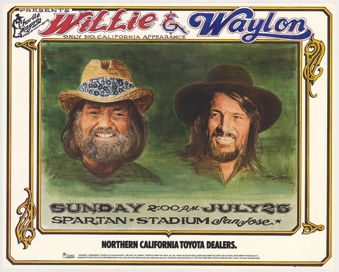 Willie Nelson and Waylon Jennings San Jose Poster: No Reserve! Title: Willie Nelson and Waylon Jennings San Jose Poster Printing Date: 1982 Medium: Lithograph Size/Format: 22" x 17½" Additional Info: Willie Nelson and Waylon Jennings only Northern Ca
